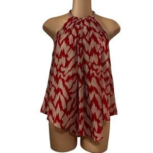 Armani Exchange Women's Halter Top XS Red Cream Metallic Neck‎ Ring Ikat Pattern